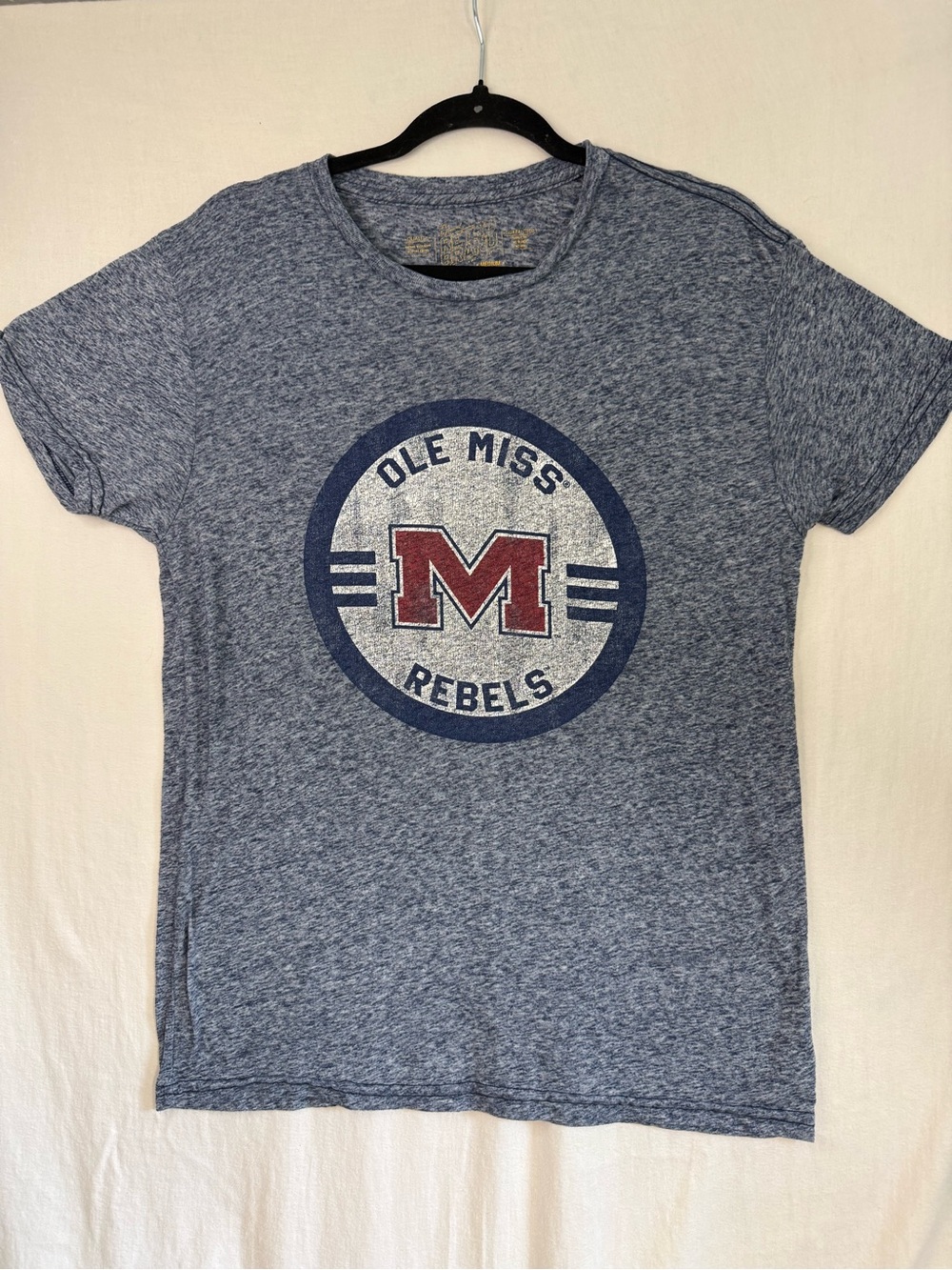 Women’s Retro Brand Ole Miss Rebels Football Grey Blue Logo Tee Size Medium